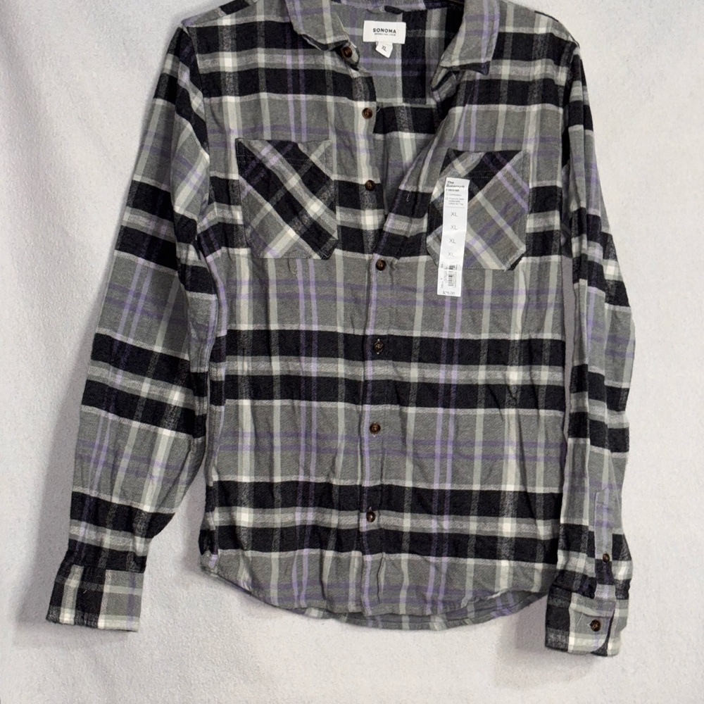 Sonoma Kids Black, Gray, and Purple Plaid Button Down Shirt
